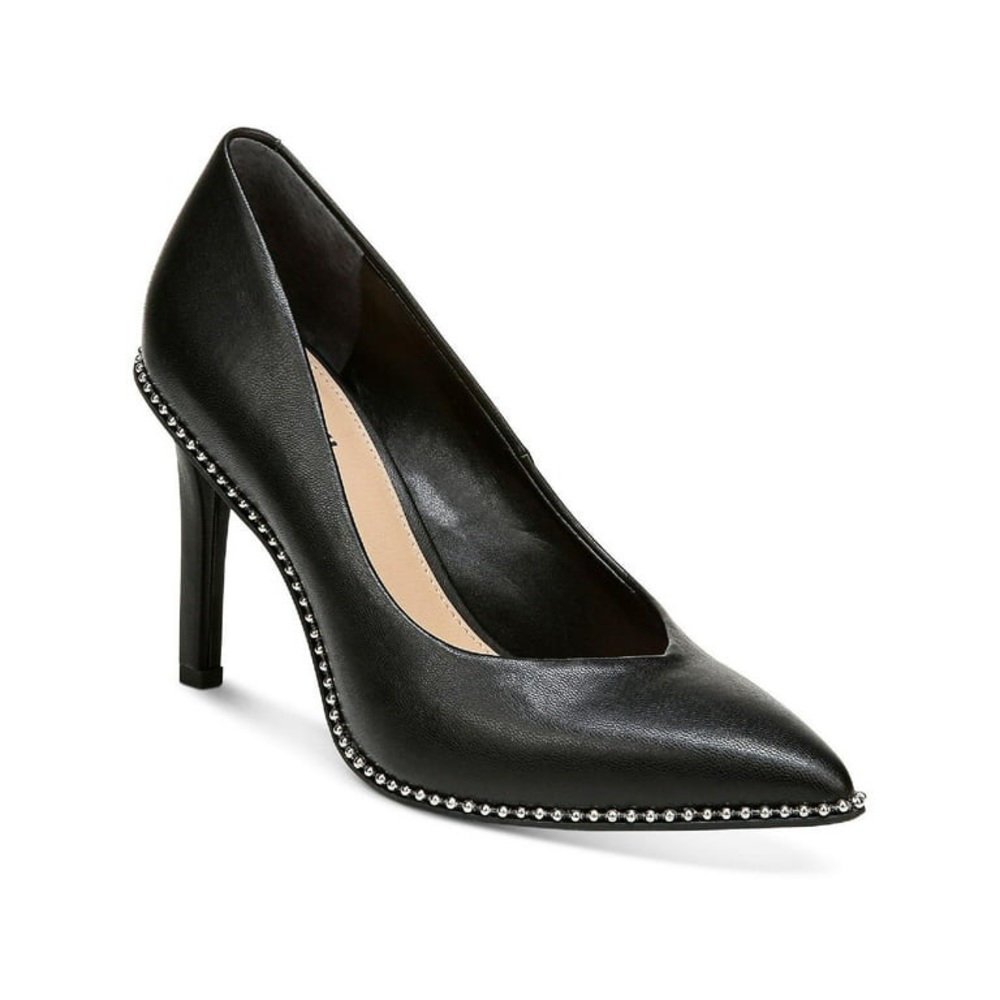 Bar III Black Binsa P Faux Leather Pointed Toe Heels Stilettos Silver Ball Trim - Picture 1 of 9
